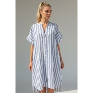 Blue White Striped Shirt Dress Size Large Core Summer Beach Cover Up